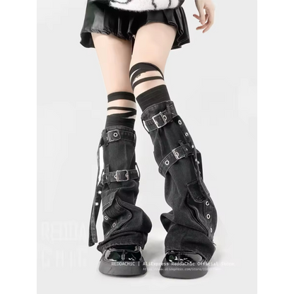 Guêtres à sangles en denim gris avec boucle