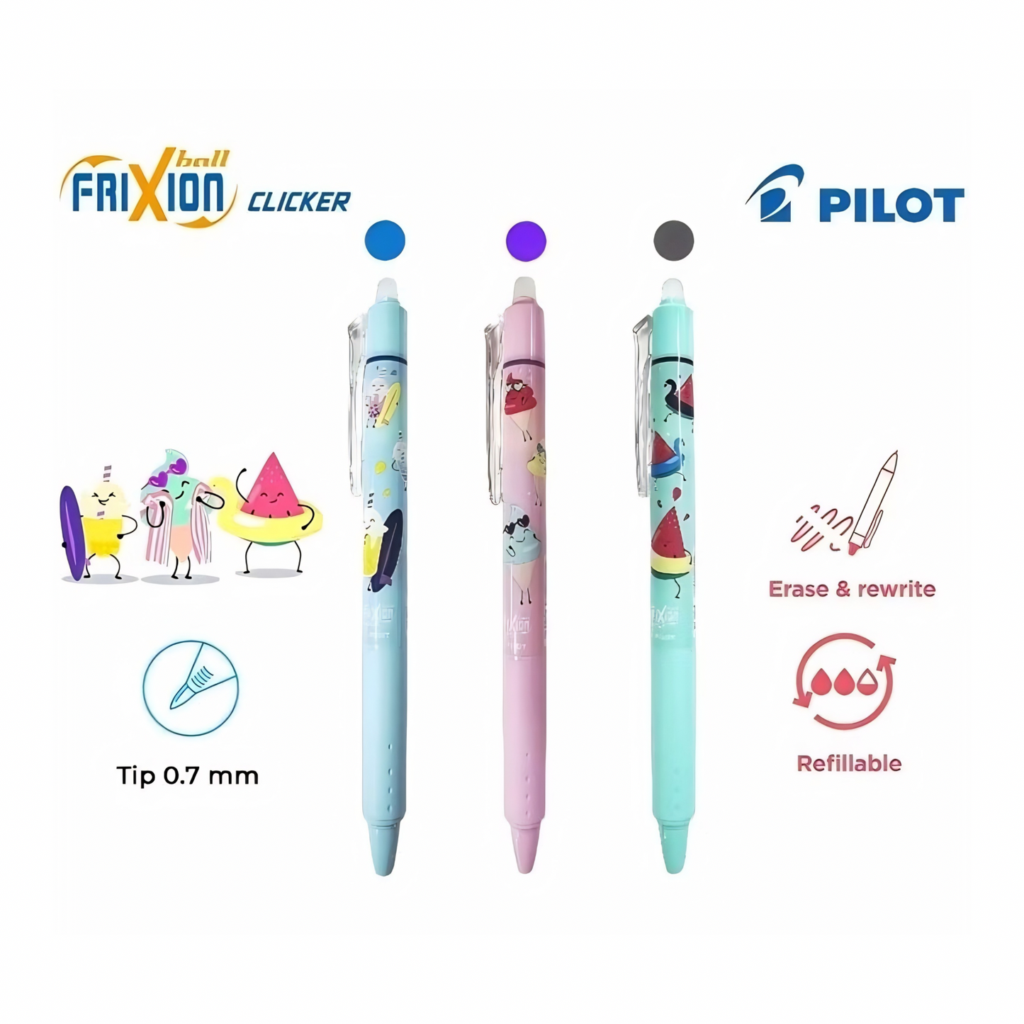 NEW LIMITED EDITION! PILOT FriXion Clicker - Pool Party Series - 0.7mm Erasable Gel Pens