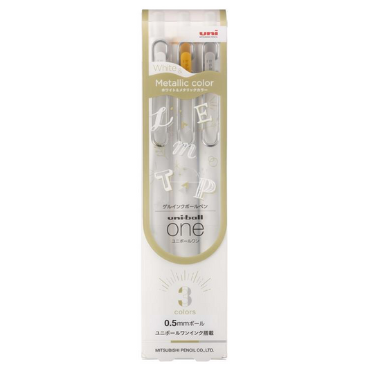 Uni-Ball One Metallic Series – 0.5mm Gel Ink Pen (White / Gold / Silver) ✨🖊️