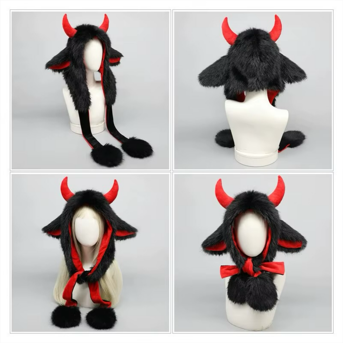 PRE-ORDER! Kawaii Devil Horn Fluffy Hood – Black & Red Long Paw Cosplay Hat