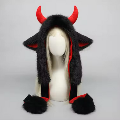 PRE-ORDER! Kawaii Devil Horn Fluffy Hood – Black & Red Long Paw Cosplay Hat
