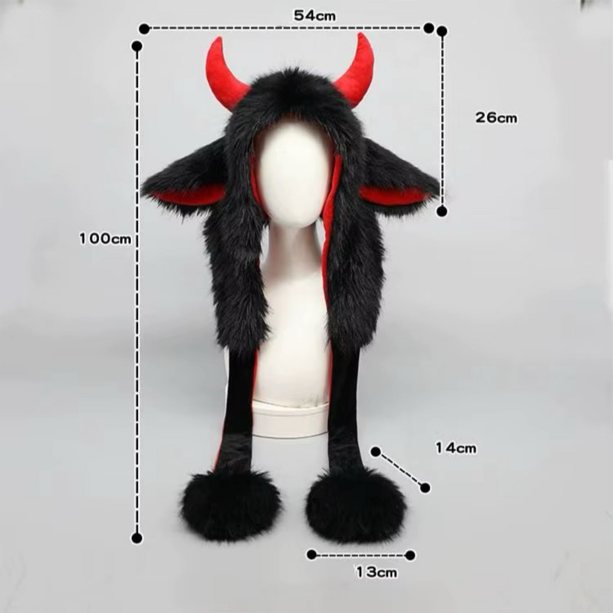 PRE-ORDER! Kawaii Devil Horn Fluffy Hood – Black & Red Long Paw Cosplay Hat