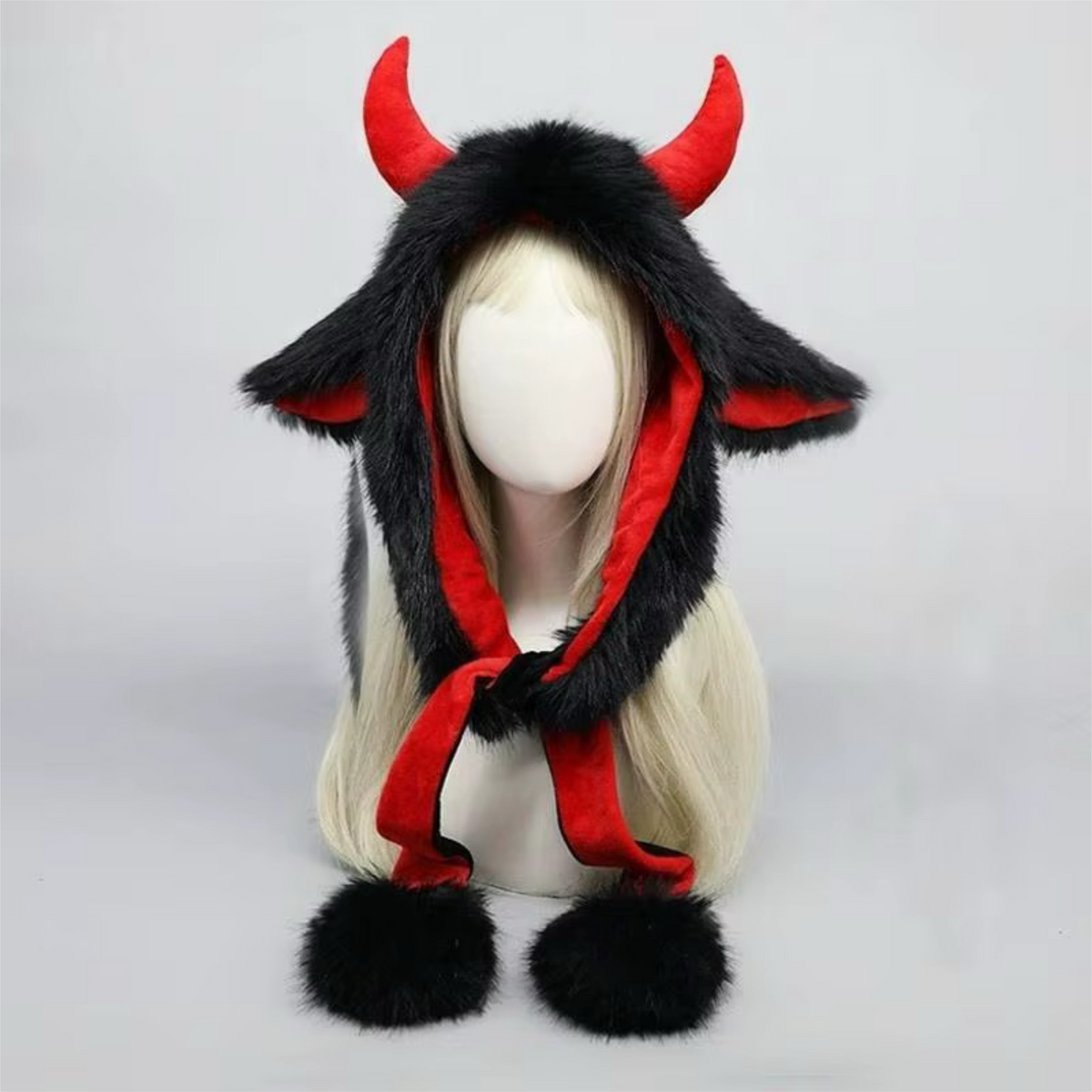 PRE-ORDER! Kawaii Devil Horn Fluffy Hood – Black & Red Long Paw Cosplay Hat