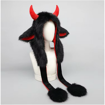 PRE-ORDER! Kawaii Devil Horn Fluffy Hood – Black & Red Long Paw Cosplay Hat