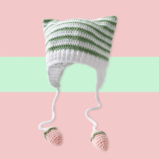 Cat Beanie - Pastel Green - Strawberry Hat