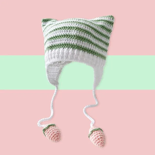 Cat Beanie - Pastel Green - Strawberry Hat
