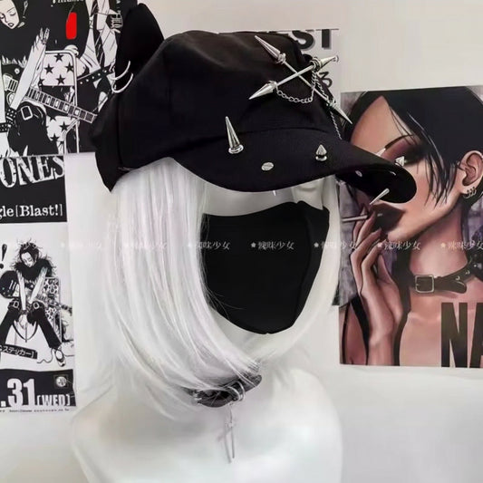 Cross Chain Cap - Black Cat Ear Hat