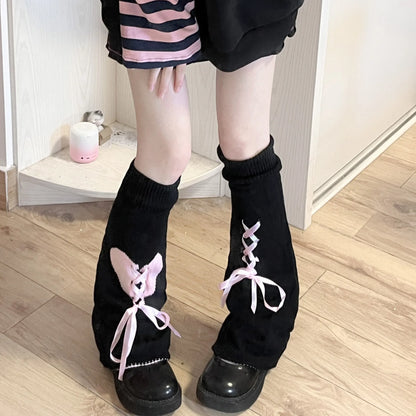 Knit Leg Warmers - Black & Pink - Heart with Ribbons