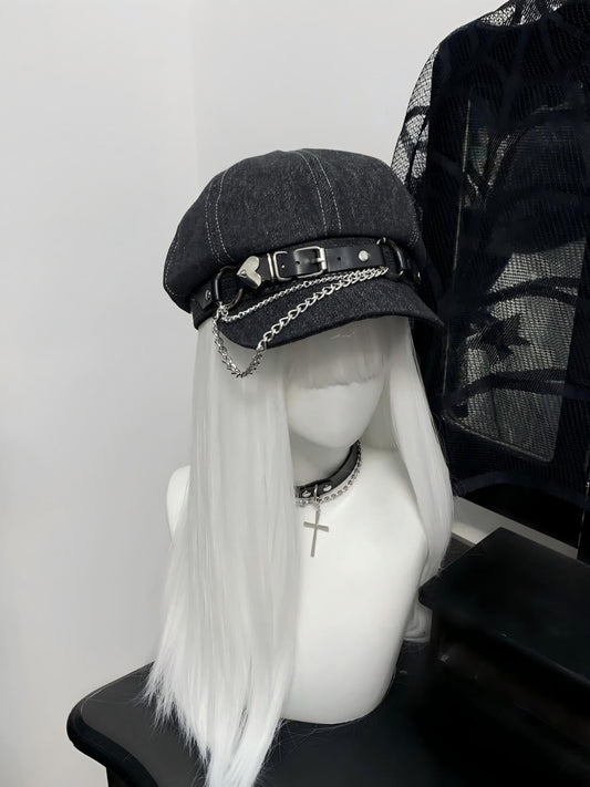 Heart Buckle Chain Denim Beret