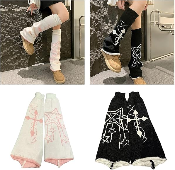 Leg Warmers Black & White Star & Cross Knit