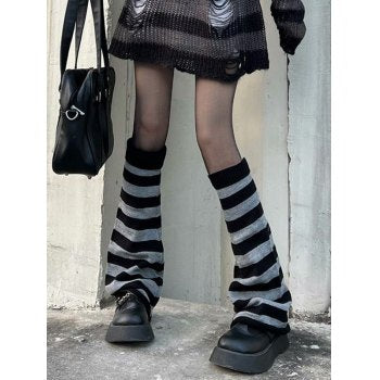 Knit Leg Warmers - Black & Grey Stripes