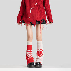 Knit Leg Warmers - Red & Cream Heart