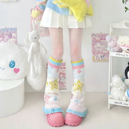 Guêtres tricotées - Fairy Kei Pastel Étoiles Arc-en-ciel 