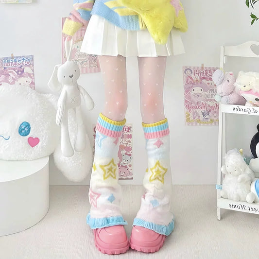 Knit Leg Warmers - Fairy Kei Pastel Rainbow Stars