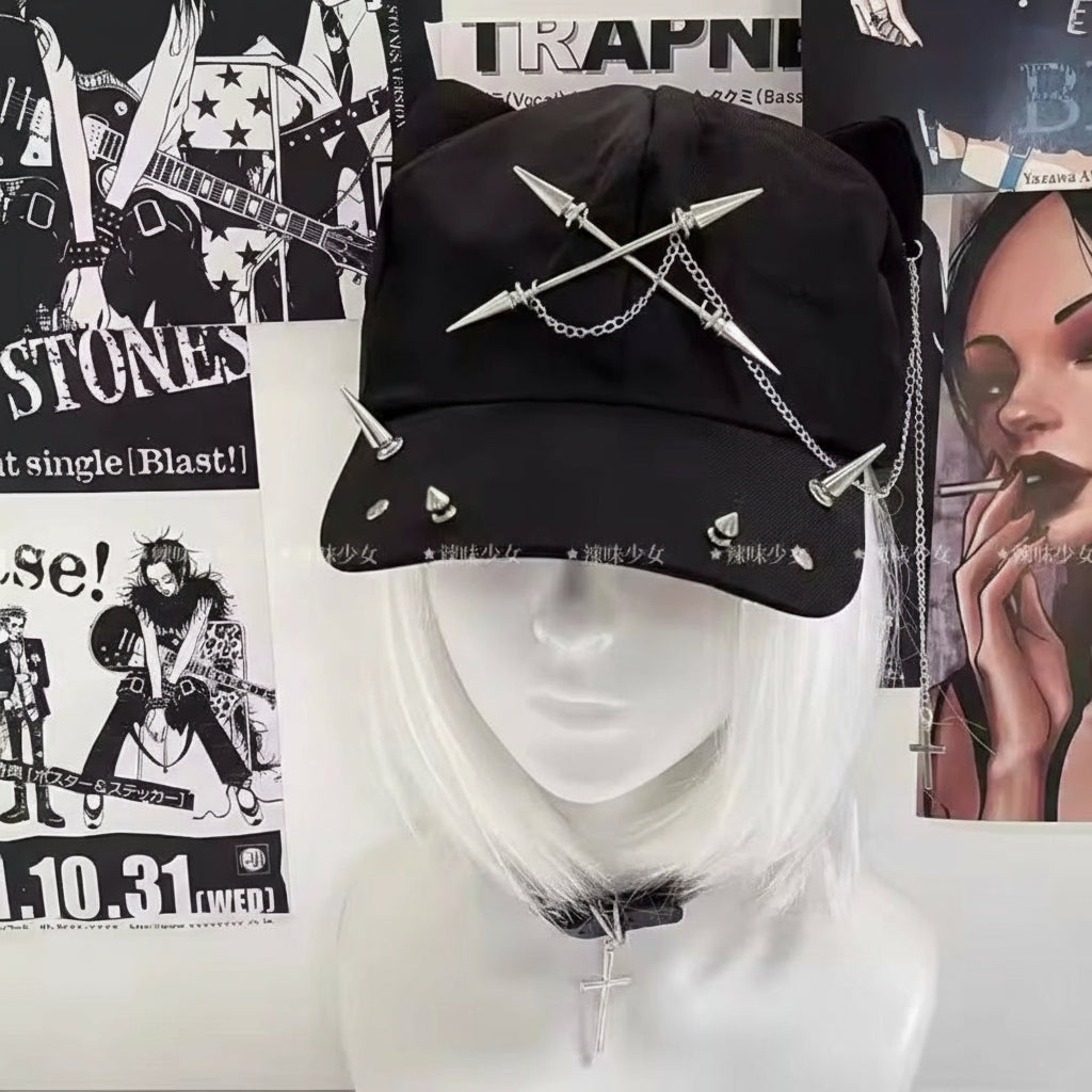Cross Chain Cap - Black Cat Ear Hat