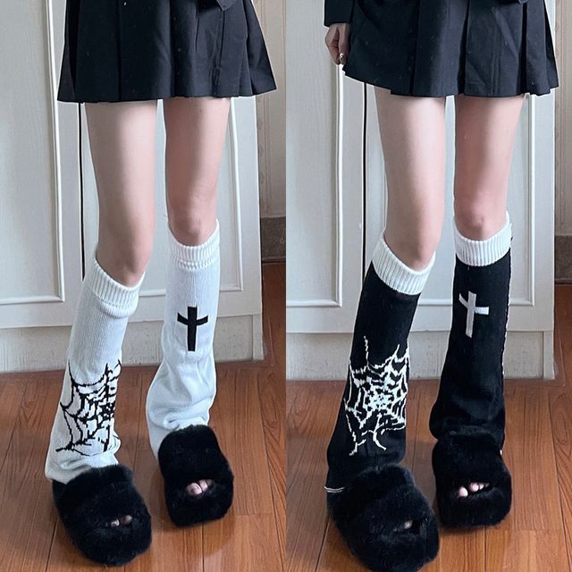 Spider web Cross Knit Leg Warmers Black & White Reversible