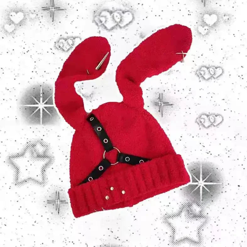 Punk Bunny Ear Beanie - Soft Straps & Chains Knit Hat