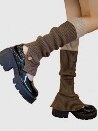 Knit Leg Warmers - Brown & Beige - Button
