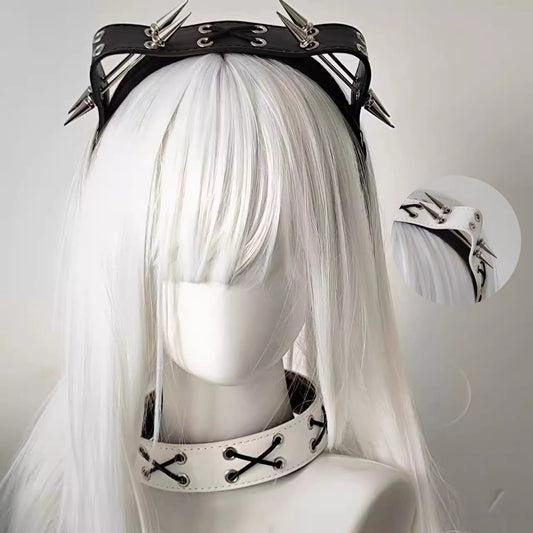 Spiked Cat Ear Headband Faux Leather Lace-Up Ears 🖤🤍🐾