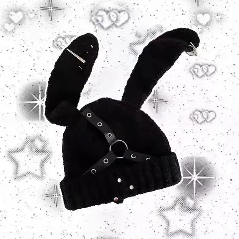 Punk Bunny Ear Beanie - Soft Straps & Chains Knit Hat