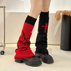 Knit Leg Warmers - Black & Red - Spider & Cross
