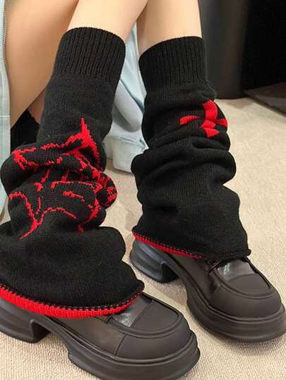 Knit Leg Warmers - Black & Red - Spider & Cross