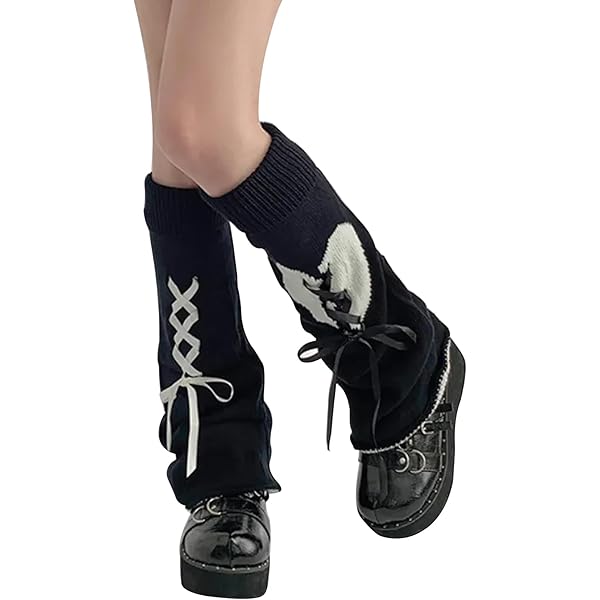 Knit Leg Warmers - Black & White - Heart with Ribbons