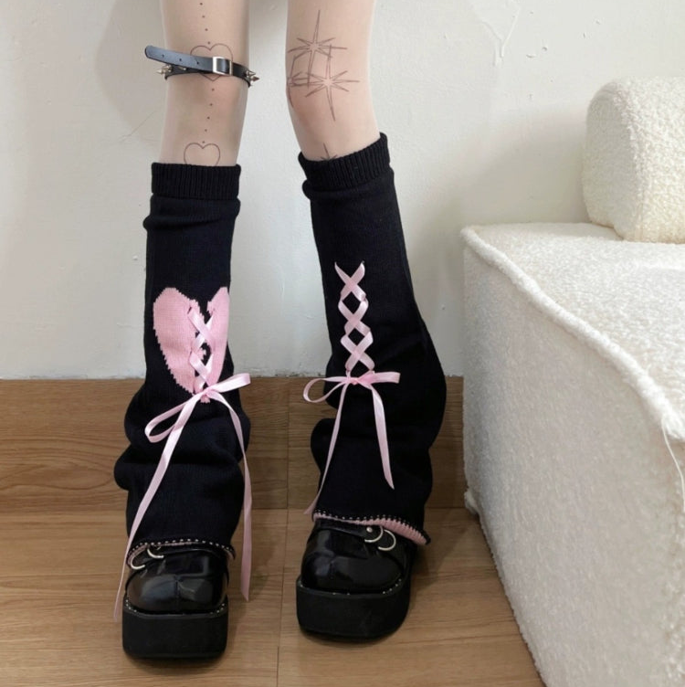 Knit Leg Warmers - Black & Pink - Heart with Ribbons