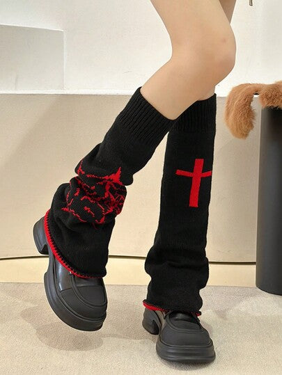 Knit Leg Warmers - Black & Red - Spider & Cross