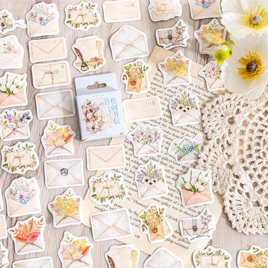 Sticker Box - Between Letters & Flowers 💐 Vintage Floral Envelope 💌🌸 – 45 Stickers