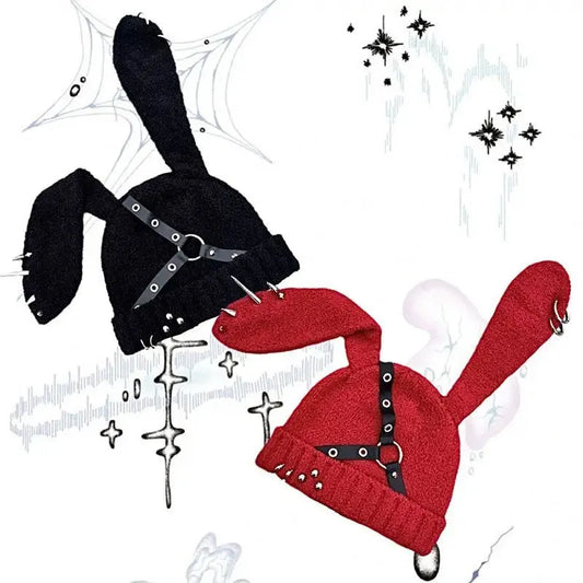Punk Bunny Ear Beanie - Soft Straps & Chains Knit Hat