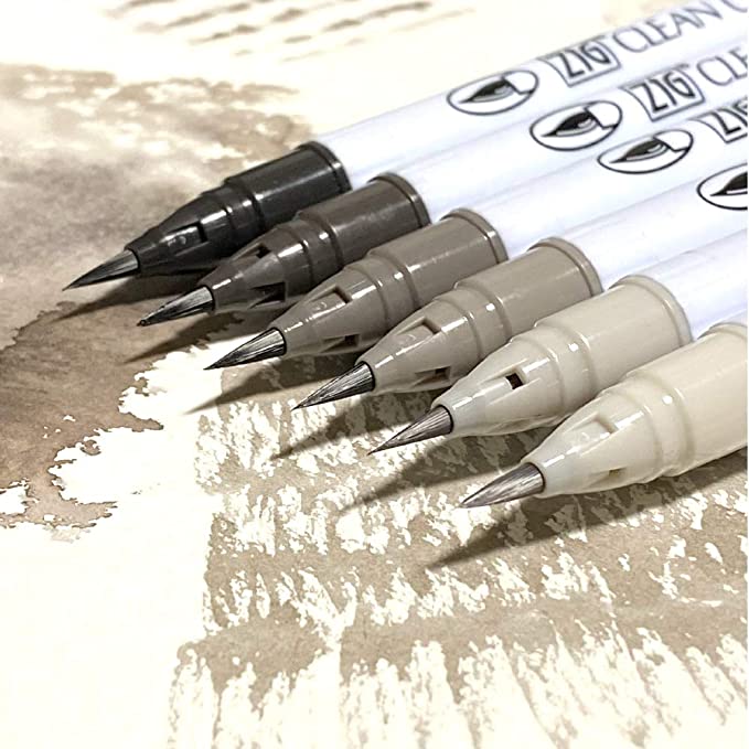 Kuretake ZIG - Clean Color Real Brush Pen Markers - Warm Grey Set of 6